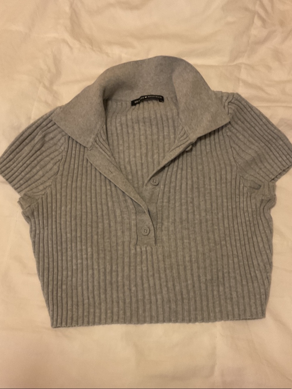 Brandy Melville Light Gray Ribbed V-Neck Short Sleeve Sweater